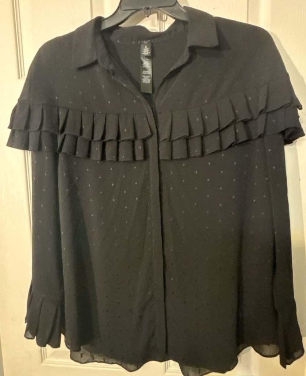 Black Label by Chico's Black Swiss Dot Ruffle Button-Down Blouse Size 3 (US XL)